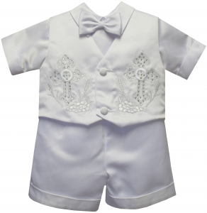 BOYS CHRISTENING SHORT PANTS SUIT W/ BIG CROSSES ON VEST
